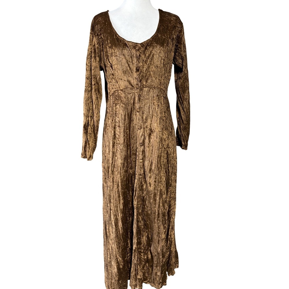Cameo Womens One Size Brown Crushed Velvet Maxi‎ Dress Button Front Belted